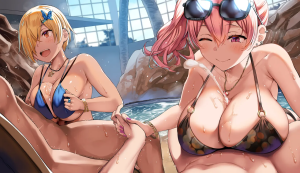 Titfuck orgy at the onsen with two gyaru girls (by Belko)